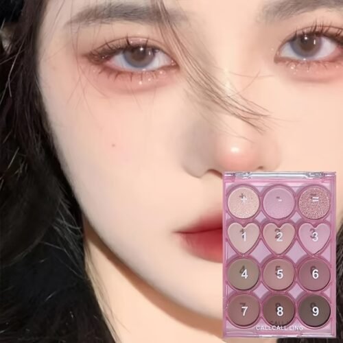 Paleta de Sombras Coreana – 12 Tonos Neutros Rosa y Marrón, Mate & Brillante